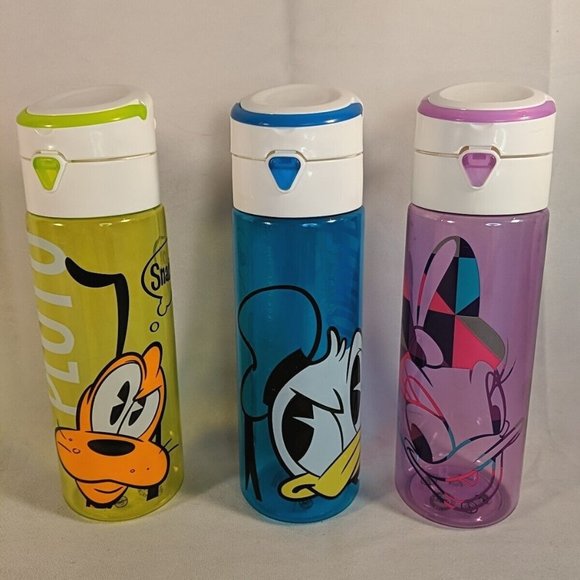 3 Disney Store Colorful Water Bottles Plastic BPA Free Pluto Donald Daisy Travel - Picture 1 of 13